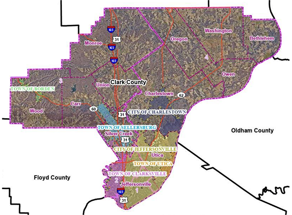 Image of a Map of the Clark County Indiana Council Districts with Labels