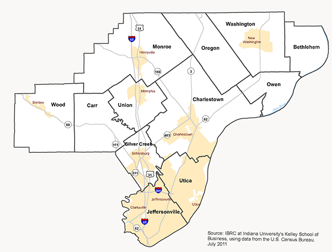 A map showing that Clark County Indiana is divided into twelve Townships.